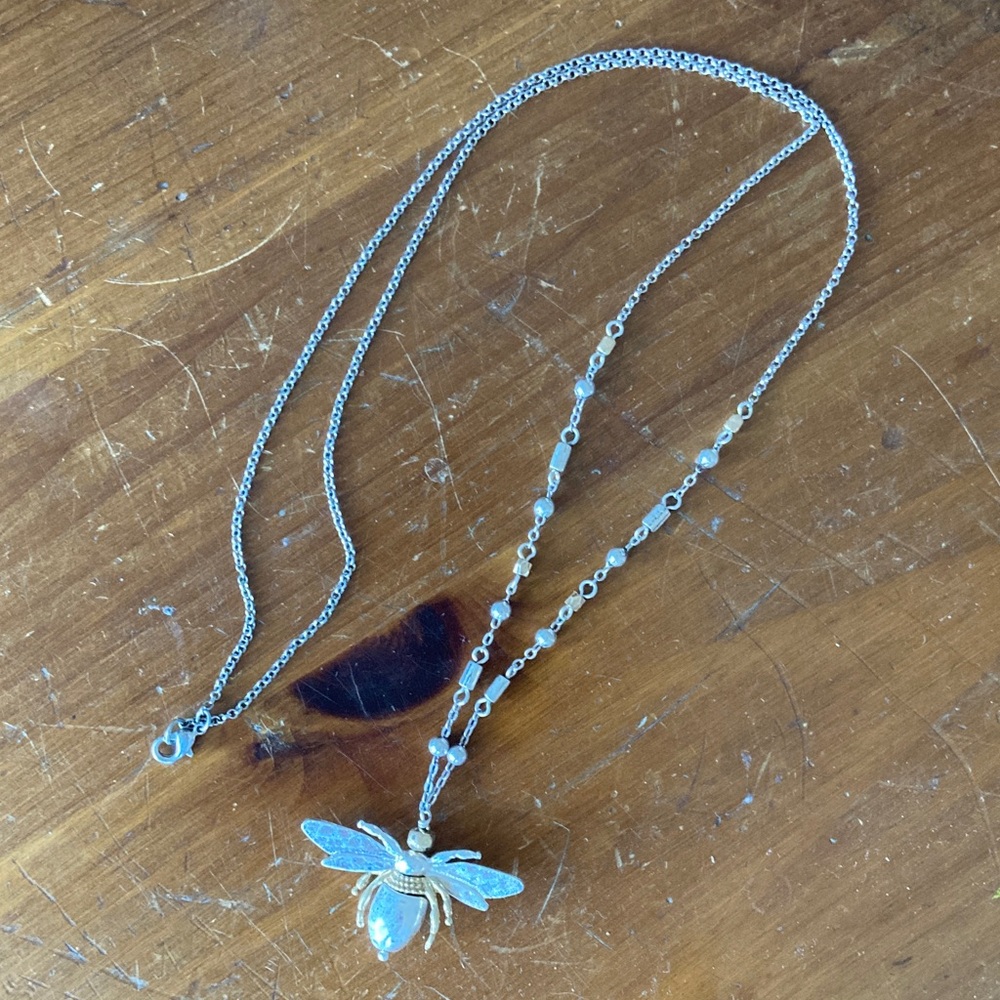 Bee Pendant Long Necklace, Silver Tone Metal